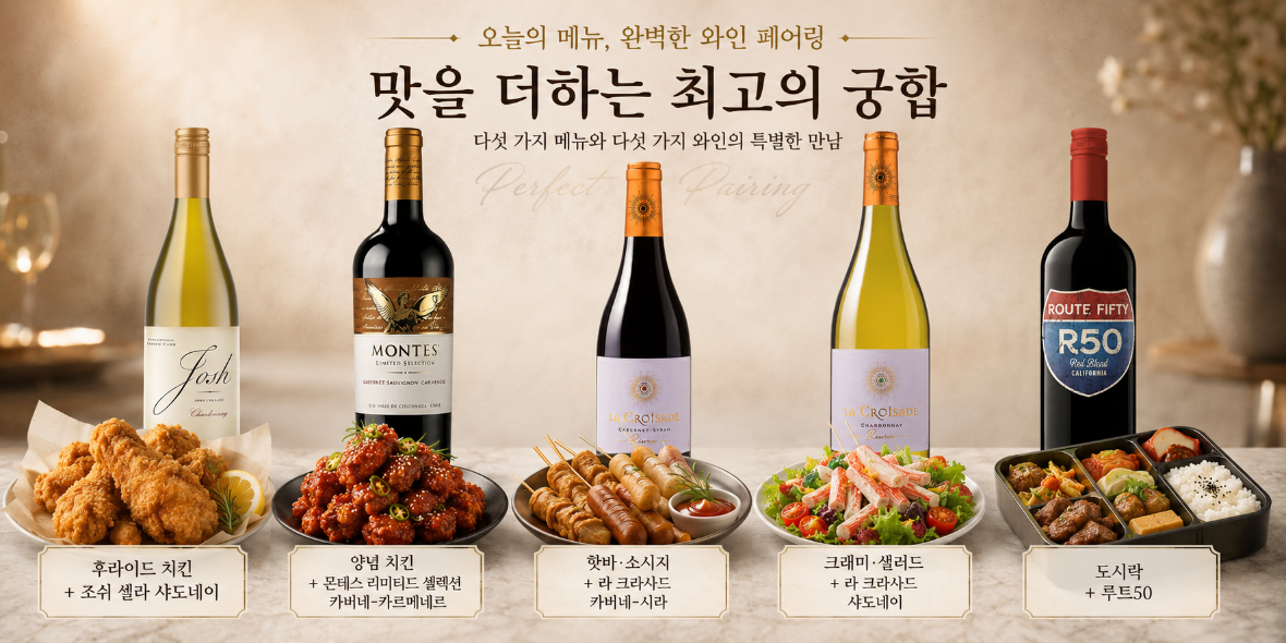 편의점 안주와 와인 페어링 - 치킨, 핫바, 크래미와 와인 5종